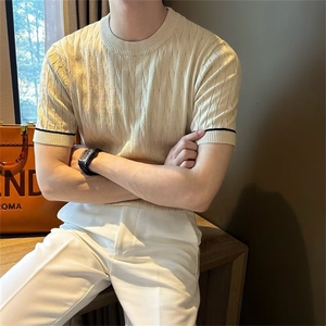麻花纹杏色圆领短袖毛衣男内搭打底衫春季薄款针织衫 M869图片