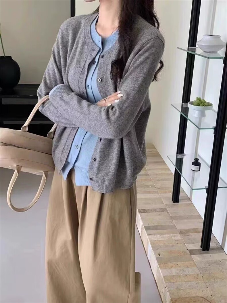 2025年秋季新款百搭女士系扣长袖圆领针织开衫，女装针织衫/毛衣，佑昭祥羊绒