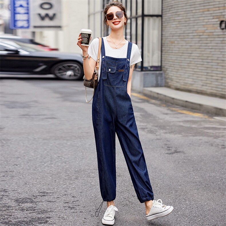 时尚简约牛仔背带裤女2025春秋新网红炸街宽松洋气显瘦阔腿两件套,女装套装/套裙,E百度