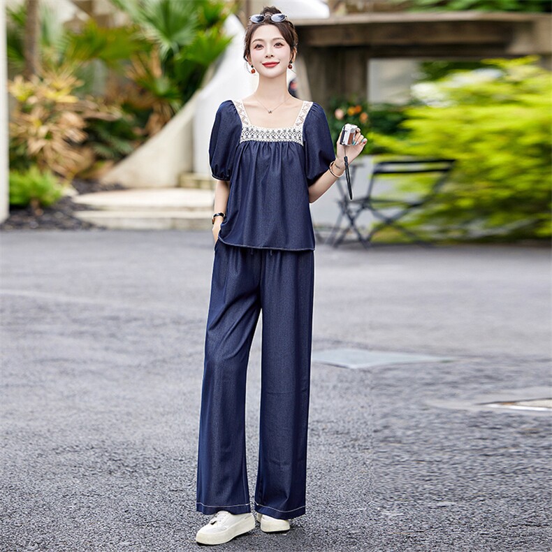 天丝牛仔套装女夏季2024新款气质一整套穿搭蕾丝上衣阔腿裤两件套,女装套装/套裙,魅影