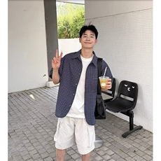 泡泡棉格子短袖衬衫男新款夏季百搭宽松休闲衬衣513ADC1960P38，男装T恤，星座513A