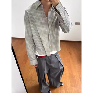 美式潮牌高街复古细格子日系肌理感长袖衬衫外套男女休闲宽松衬衣图片