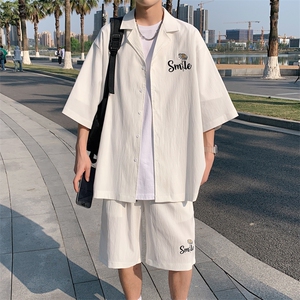 绣花弹力透气衬衣短袖套装夏季衬衫短裤两件套XTZ221-特P55控108图片