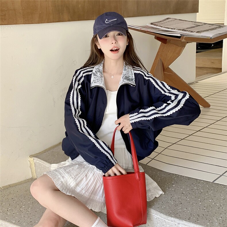 蕾丝拼接蓝色工装外套女春季2025今年流行韩系休闲宽松小个子上衣,女装短外套,2C323