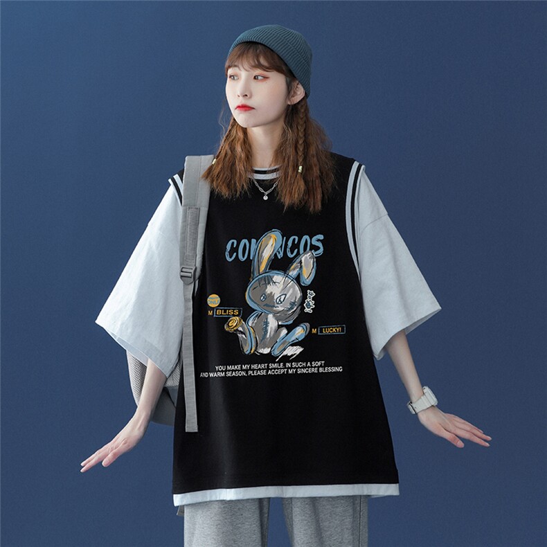 ！中性风 夏季印花假两件短袖T恤港风学生班服 T605P40控58图片