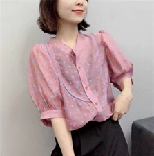 欧洲站2021夏季新款欧货女装宽松波点雪纺衫女泡泡袖洋气上衣，女装衬衫，潮品会