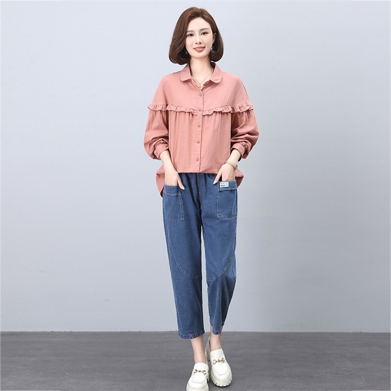 时尚百搭宽松显瘦长袖衬衫牛仔裤套装女秋装新款韩版休闲两件套,女装套装/套裙,叶笙衣