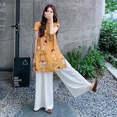 新中式复古印花改良旗袍套装女2025夏新款气质高级感阔腿裤两件套，女装套装/套裙，浙宝305