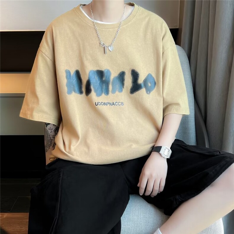 字母T恤男夏季上衣服潮牌ins宽松纯棉包边水洗做旧短袖WT105P35,男装T恤,星座1116-2