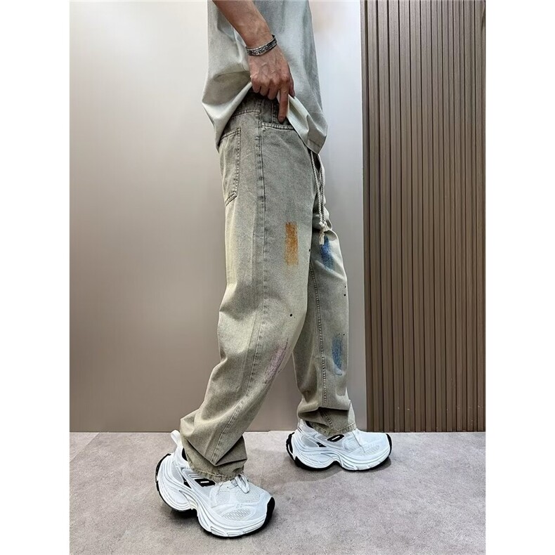高街美式复古水洗涂鸦泼墨破洞牛仔裤男宽松直筒裤N1078-P53,男装牛仔裤,星座208-5