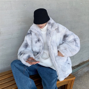 WASSUP HAPPY扎染羊羔毛外套男冬季加绒加厚保暖棉衣潮牌大码棉服图片
