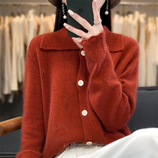 POLO领提花100%纯羊毛开衫女2025秋冬新款宽松慵懒羊绒衫针织外套，女装羊毛衫，琳尚羊绒