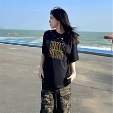 万针全刺绣工艺抖音得物高品质260克重磅纯棉双纱美式高街短袖T恤，男装T恤，电商A486-1