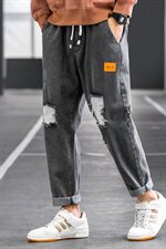 秋季牛仔裤男直筒宽松阔腿休闲长裤潮牌破洞九分裤子903-P45，男装牛仔裤，电商A318