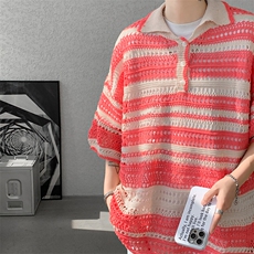 8XL-M特大码美式复古条纹撞色针织POLO衫翻领休闲短袖TDX311P35，男装T恤，电商D206-1