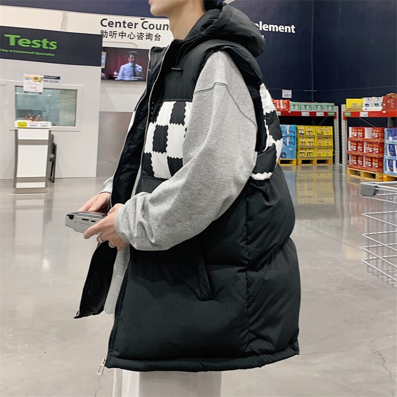 2026秋冬连帽格子拼接羽绒棉马甲背心手塞棉MJ17555/P75黑色3,男装背心/马甲,电商A094
