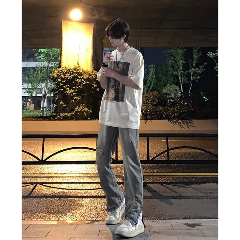 欧美hiphop街头破洞牛仔裤直筒微喇叭修身vibe美式乞丐裤潮牌图片