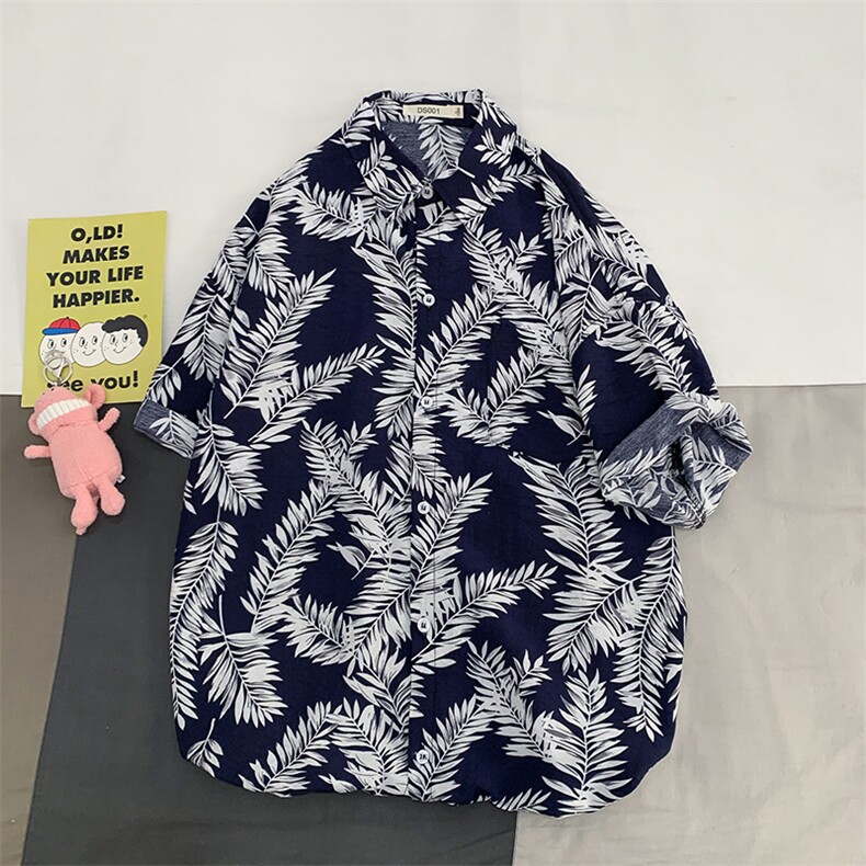 2021夏季新日系大码男港风沙滩情侣休闲短袖印花衬衫C3035-P35图片