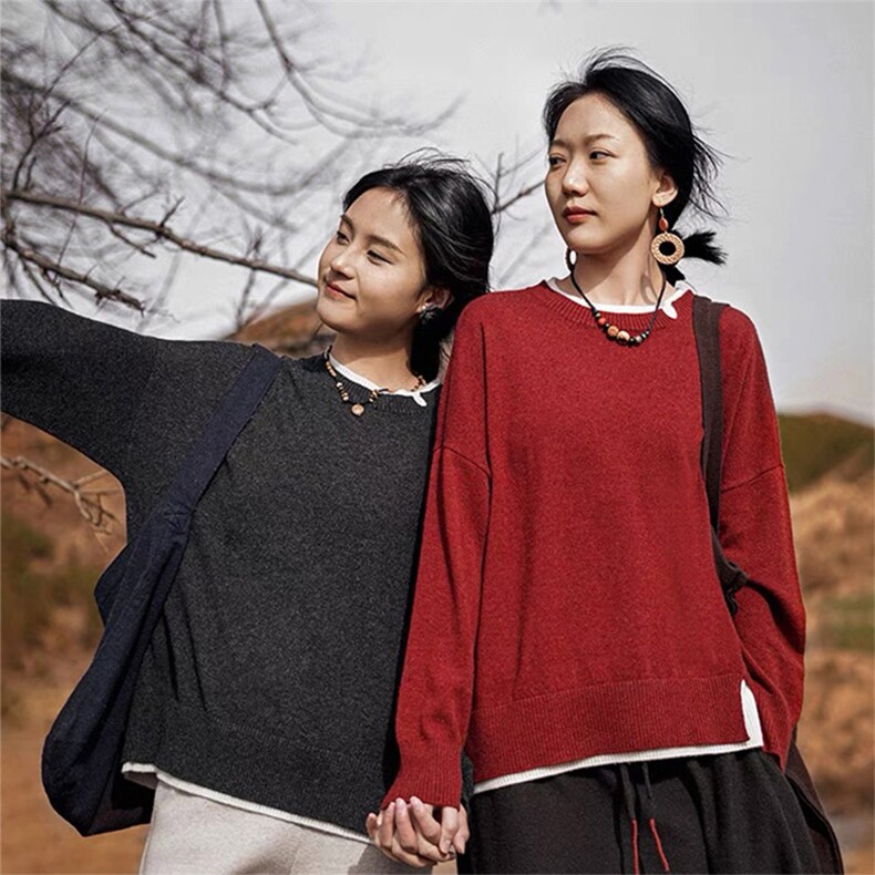 时尚宽松假两件下摆开叉设计羊毛针织毛衣,女装羊毛衫,泰沅羊绒
