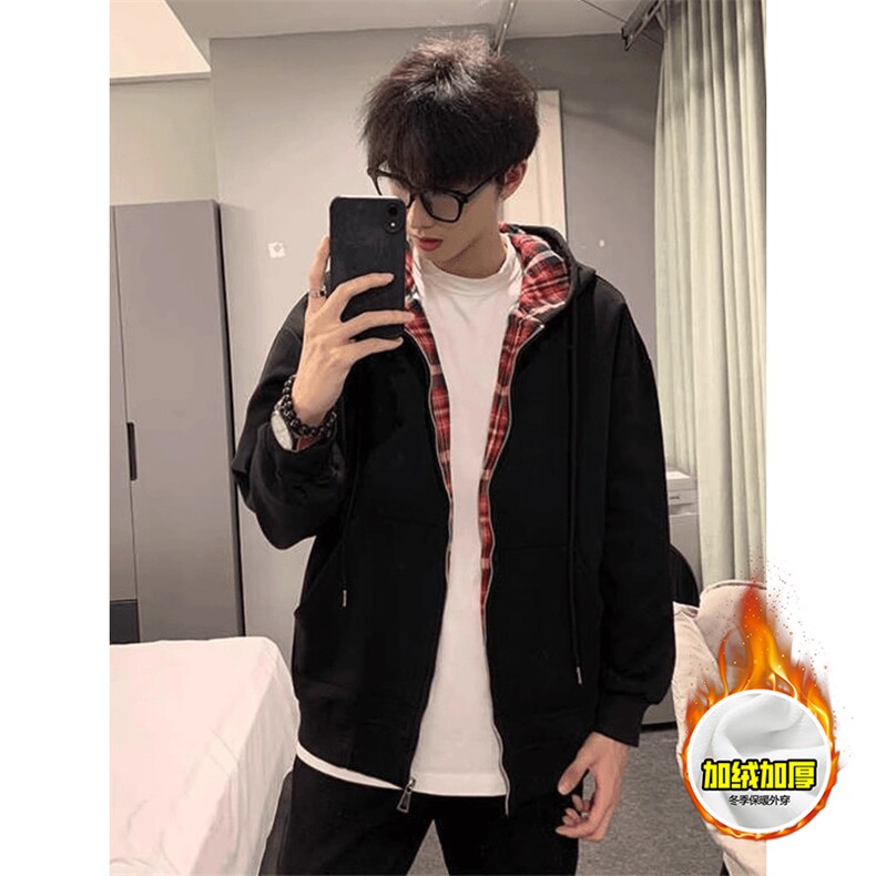 480G重磅加绒硬挺boxy男女秋冬美式高街假两件格子卫衣开衫厚外套，女装短外套，电商A486-1