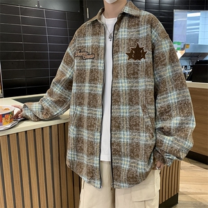 美式高街字母刺绣格子夹克男长袖潮牌宽松休闲上衣JK09284-P70图片