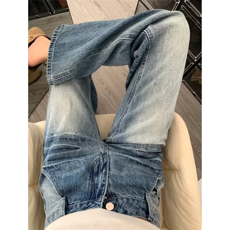裂纹设计水洗蓝色牛仔裤美式潮流休闲百搭宽松直筒长裤NZA422图片