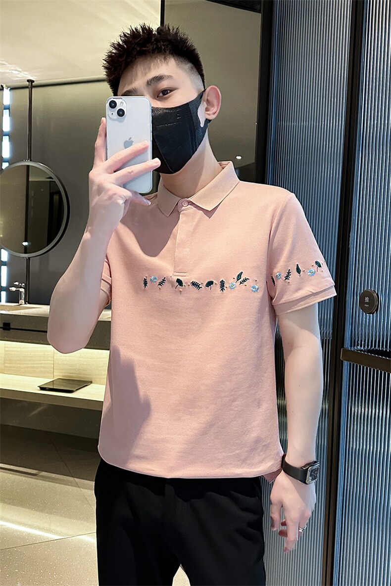 2023花朵刺绣夏季短袖T恤翻领Polo衫小伙风时尚半袖T0264-P50,男装T恤,电商D342