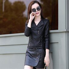 潮流拼接休闲皮衣PU拉链V领纯色2021年秋季气质，女装皮衣，阿菲诺依