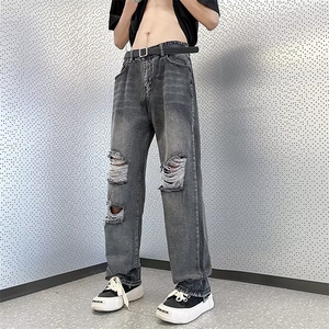 美式高街破洞直筒牛仔裤男女ins潮牌宽松阔腿裤老爹长裤N336-p45图片