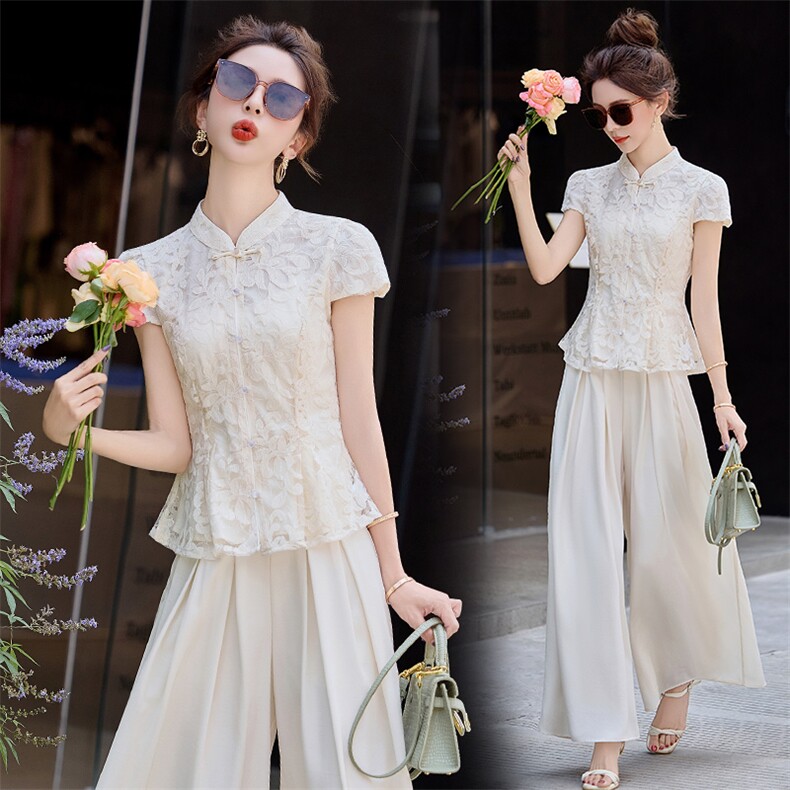 新中式国风蕾丝提花上衣阔腿裤两件套女2025夏季新款复古重工大气，女装套装/套裙，韩宇舍
