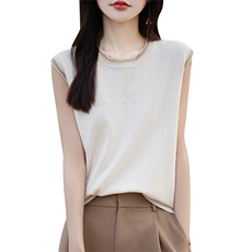 夏季新款圆领精纺羊毛针织短袖女纯色花边袖打底上衣宽松半袖T恤，女装针织衫/毛衣，郡淞羊绒