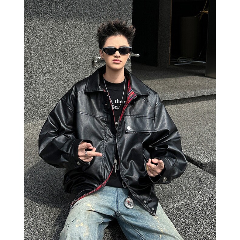 两面穿格子皮衣外套男女春秋高级感机车PU皮夹克上衣JK09352-P85图片