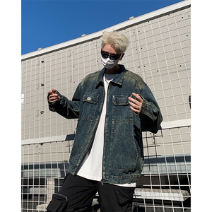 美式复古牛仔夹克男秋季做旧外套潮牌休闲宽松工装上衣图片