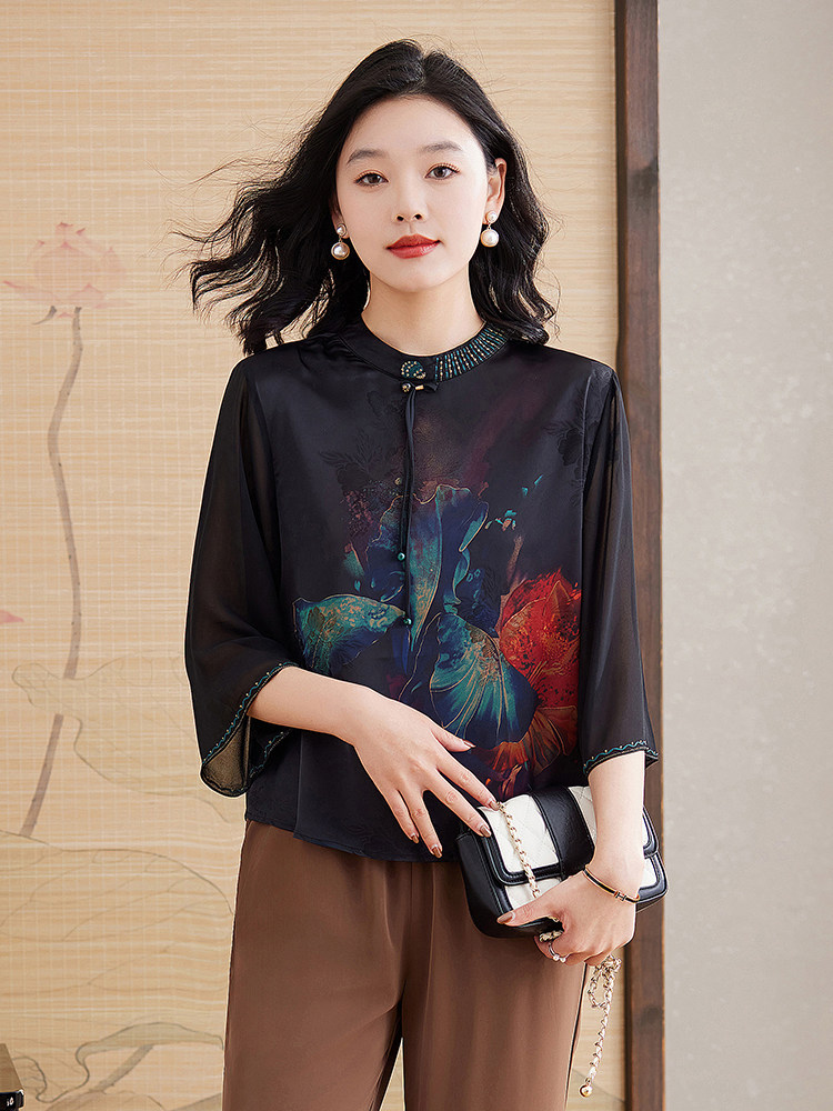 新中式中老年重磅真丝半袖上衣夏季妈妈女桑蚕丝时尚T恤衫,女装衬衫,媚琳依坊