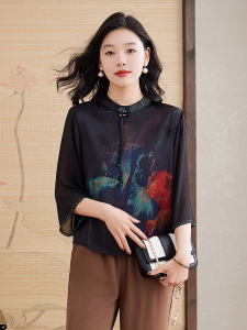 新中式中老年重磅真丝半袖上衣夏季妈妈女桑蚕丝时尚T恤衫图片