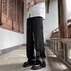 新中式风竹子刺绣西裤男款夏季冰丝裤宽松直筒裤子K829-P42，男装西裤，星座1001-1