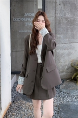学院风穿搭棕色套装女春秋超火好看高级小众外套百褶半身裙两件套，女装套装/套裙，2C053