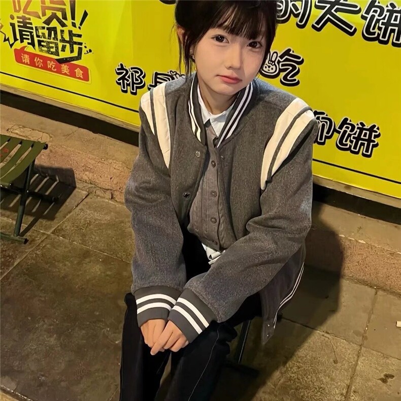 灰色短款毛呢外套男秋冬美式复古夹棉棒球服高级感加厚飞行员夹克,男装夹克,星座1210-1