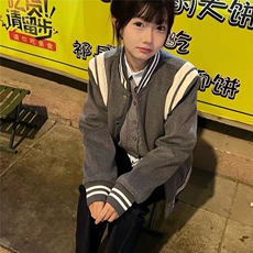 灰色短款毛呢外套男秋冬美式复古夹棉棒球服高级感加厚飞行员夹克，男装夹克，星座1210-1