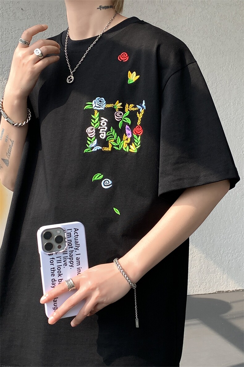 潮牌短袖T恤花绘刺绣设计感T恤美式复古条纹口袋短袖T恤半袖P48,男装T恤,电商B319
