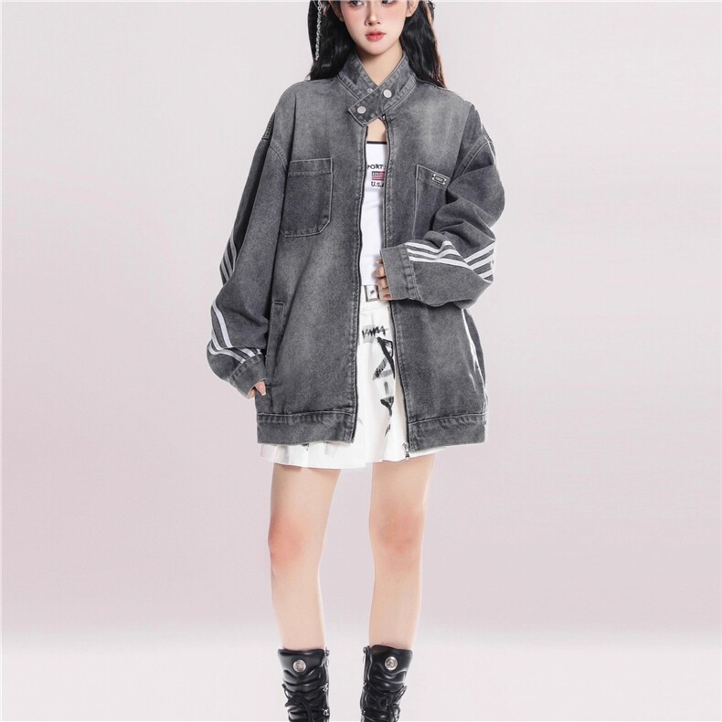 美式复古水洗做旧黑色牛仔外套女春秋新款条纹上衣,男装工装外套,星座1210-1