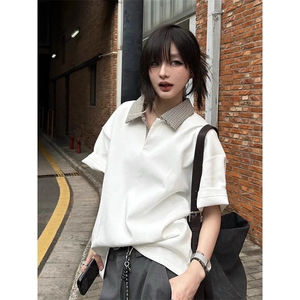 得物抖音高品质二开 夏季美式潮牌假两件格子衬衫翻领高街短袖T恤图片