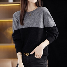 时尚拼色圆领羊毛衫休闲百搭显瘦长袖针织衫，女装羊毛衫，丽特绒
