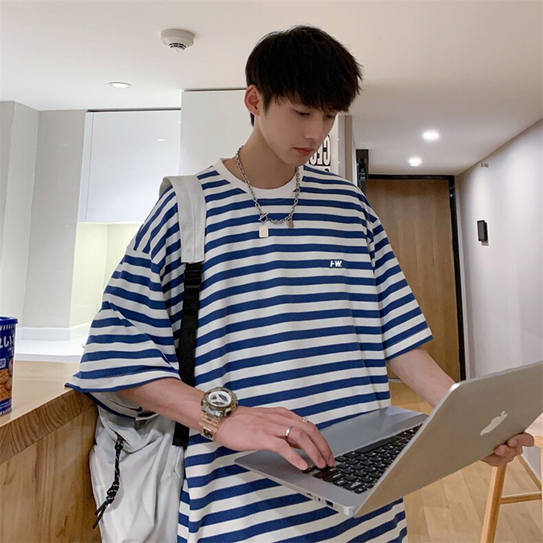 条纹男士短袖新款宽松简约原宿风百搭半袖ins港风衣服T641-P25,男装T恤,星座512-2
