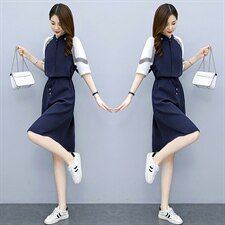 2021夏季新款简约时尚气质圆领撞色休闲舒适系带收腰连衣裙，女装连衣裙，天丝秀