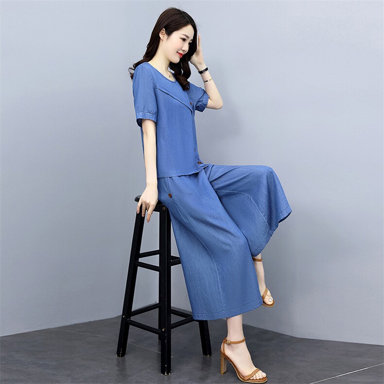 小个子天丝阔腿裤套装女2025年夏季新款气质显瘦休闲牛仔两件套潮,女装套装/套裙,魅影