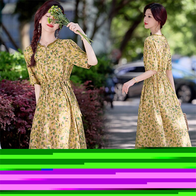 文艺温柔风碎花连衣裙女2026夏季短袖气质减龄收腰显瘦亚麻长裙子,女装连衣裙,魅影
