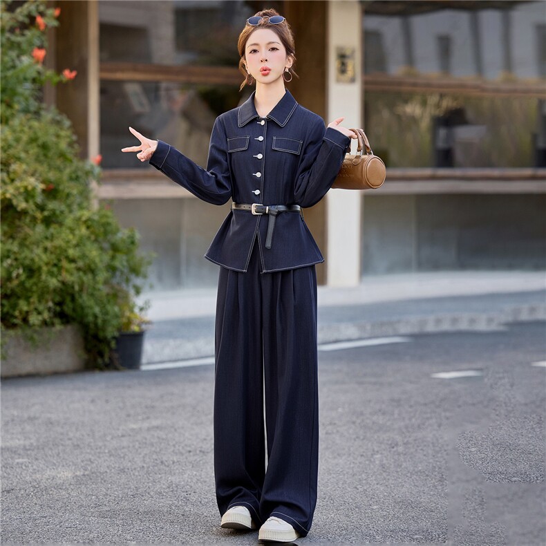 （新款现货）2026春装时尚收腰显瘦天丝牛仔阔腿腰带套装两件套,女装套装/套裙,印象茜