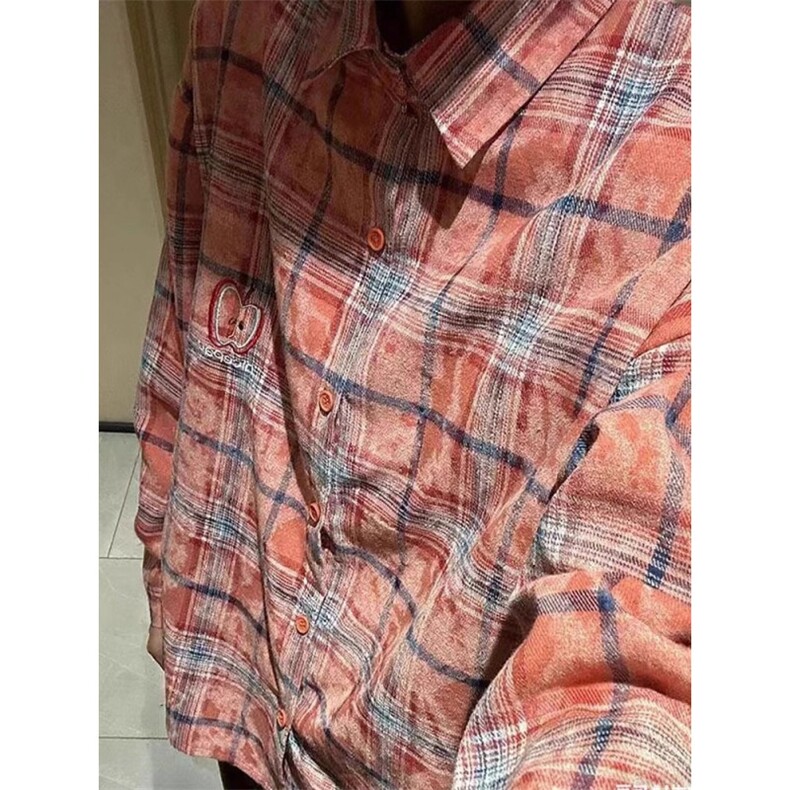 CS106-P50苹果刺绣红色格子衬衫男秋季慵懒风长袖衬衣美式,男装衬衫,电商B323A