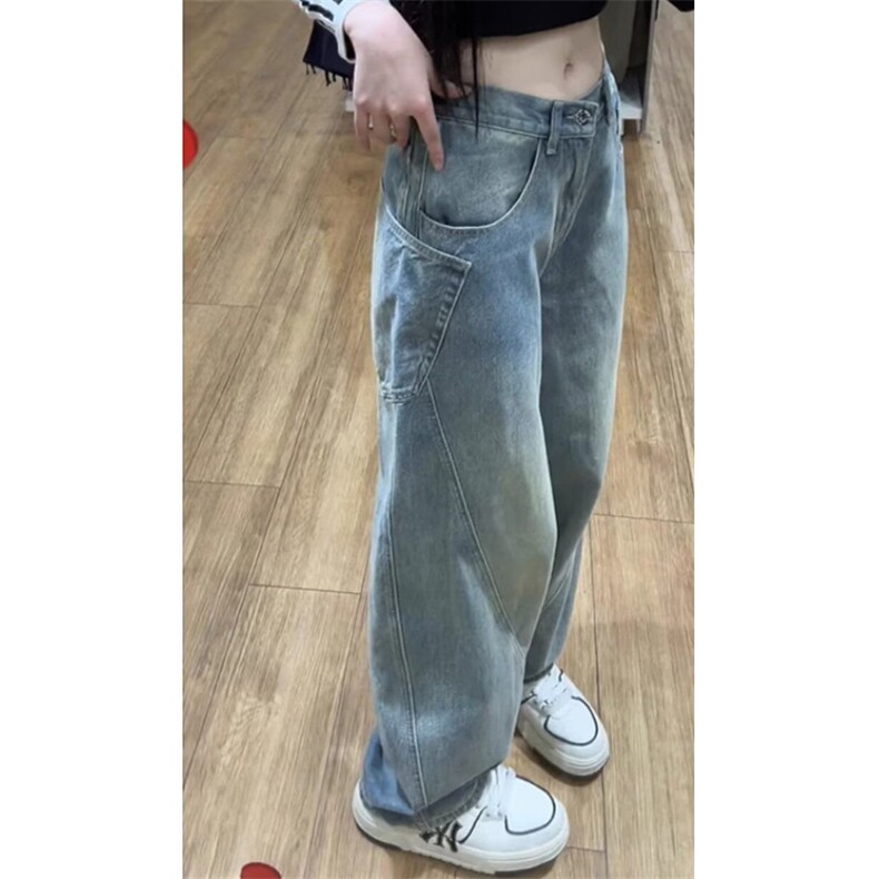 蓝弯刀牛仔裤男女秋季拼接裤子美式高街vibe直筒阔腿裤N401,男装牛仔裤,星座1116A（原606A-3）
